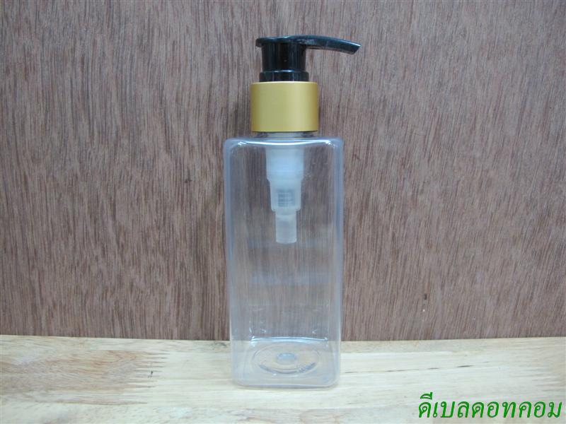 pet เหลี่ยม SB 180 ml. สีใส+หัวปั้มดีดดำปากเป็ดทองด้าน 24มม.