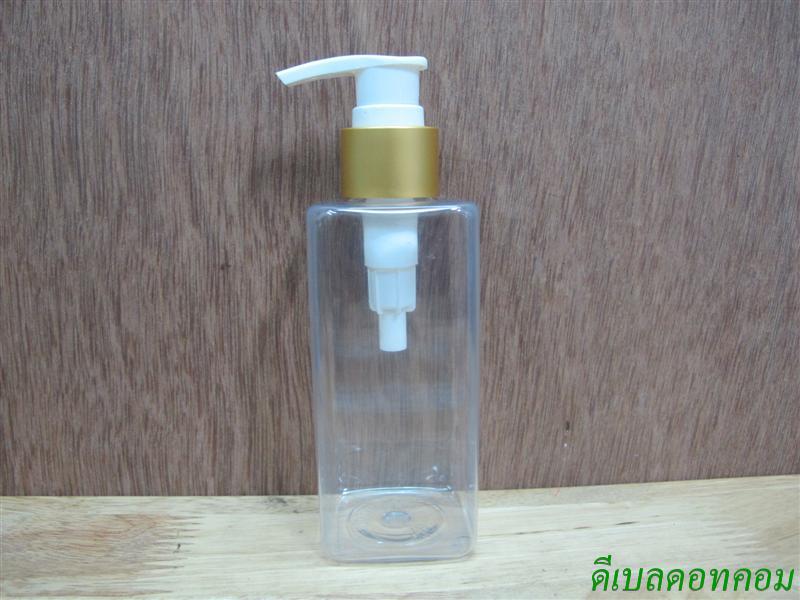 pet เหลี่ยม SB 180 ml. สีใส+หัวปั้มดีดขาวปากเป็ดทองด้าน 24มม.