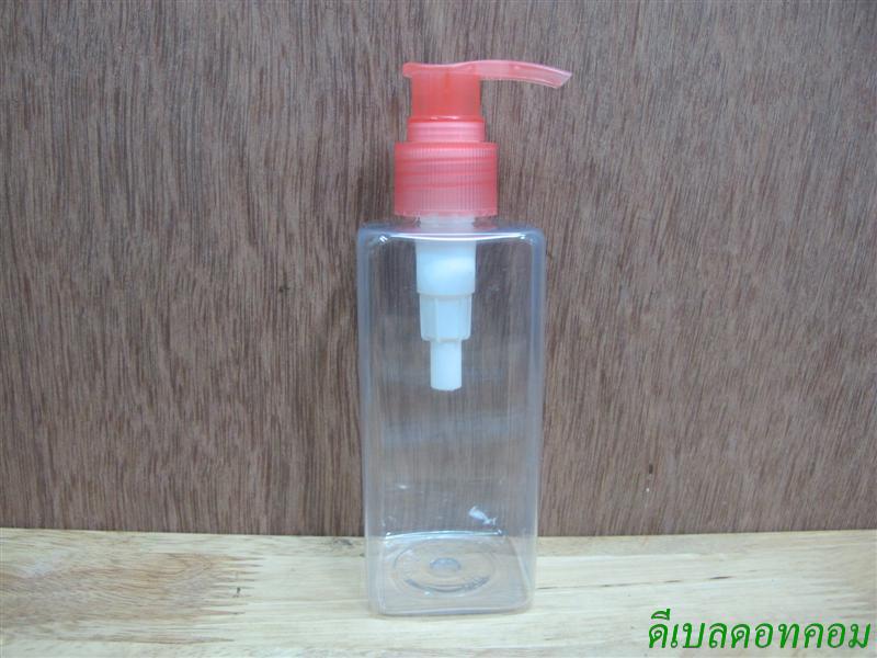pet เหลี่ยม SB 180 ml. สีใส+หัวปั้มดีดสีชมพูโอรส 24มม.