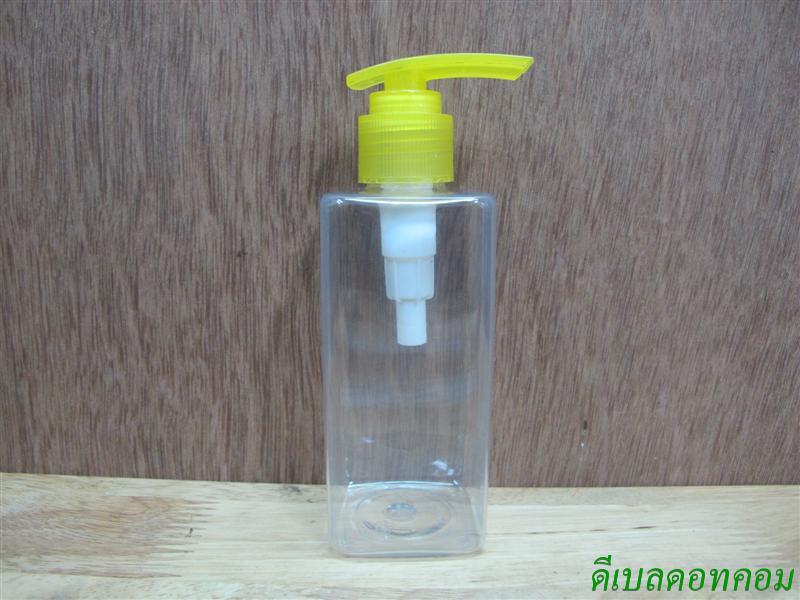 pet เหลี่ยม SB 180 ml. สีใส+ปั้มกระโดดพลาสติกสีเหลือง  24มม.