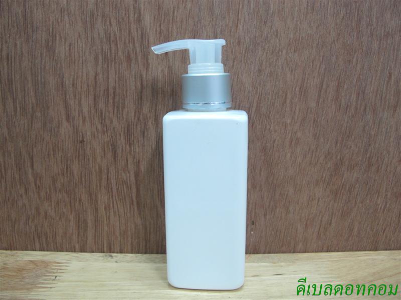 pet เหลี่ยม SB 180สีขาว+หัวปั้มดีดสีใสปากเป็ดเงินด้านคาดริ้ว 24มม.