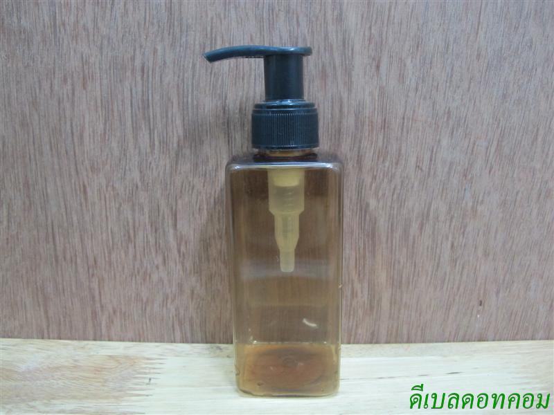 ขวด pet เหลี่ยม SB 180 ml. สีชาทอง+หัวปั้มดีดสีดำปากเป็ด 24มม.