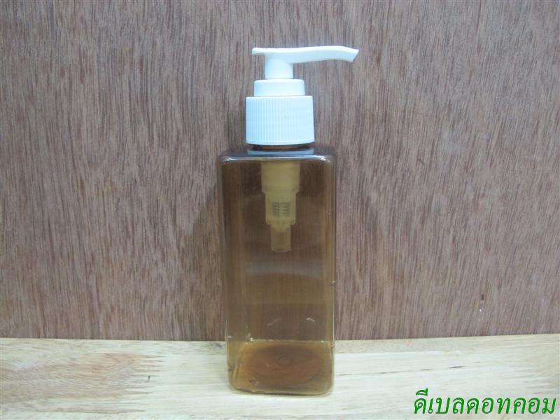 ขวด pet เหลี่ยม SB 180 ml. สีชาทอง+หัวปั้มดีดสีขาวปากเป็ด 24มม.