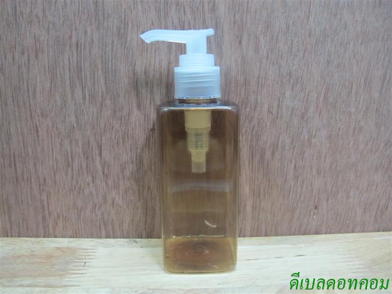ขวด pet เหลี่ยม SB 180 ml. สีชาทอง+หัวปั้มดีดสีใสปากเป็ด 24มม.