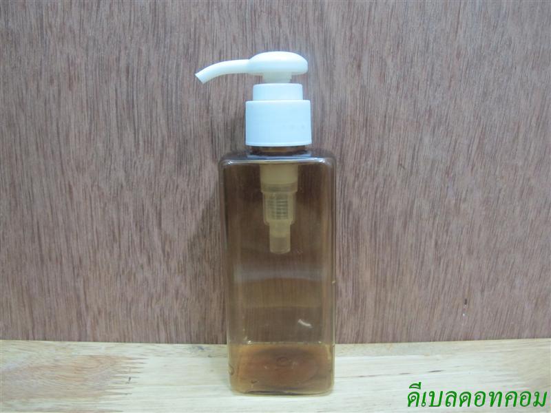 ขวด pet เหลี่ยม SB 180 ml. สีชาทอง+หัวปั้มกระดุมงาช้างสีขาว 24มม.