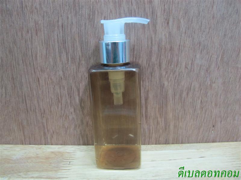 ขวด pet เหลี่ยม SB 180 ml. สีชาทอง+หัวปั้มดีดใสปากเป็ดเงินเงา 24มม.
