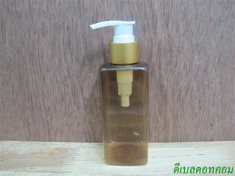 ขวด pet เหลี่ยม SB 180 ml. สีชาทอง+หัวปั้มดีดสีขาวปากเป็ดทองด้าน 24มม.