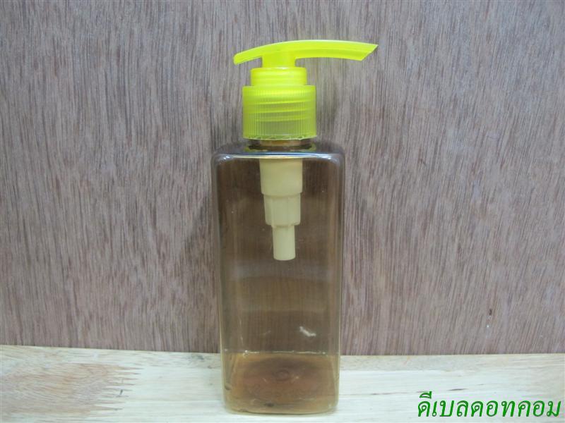 ขวด pet เหลี่ยม SB 180 ml. สีชาทอง+ปั้มกระโดดพลาสติกสีเหลือง 24มม.