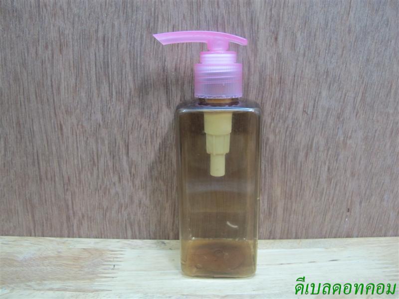 ขวด pet เหลี่ยม SB 180 ml. สีชาทอง+ปั้มกระโดดพลาสติกสีชมพู 24มม.