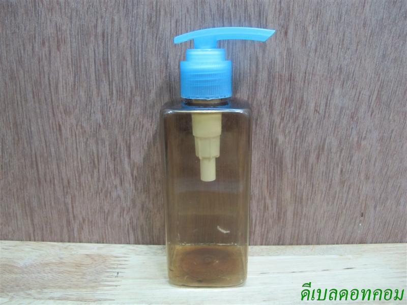 ขวด pet เหลี่ยม SB 180 ml. สีชาทอง+ปั้มกระโดดพลาสติกสีฟ้า 24มม.