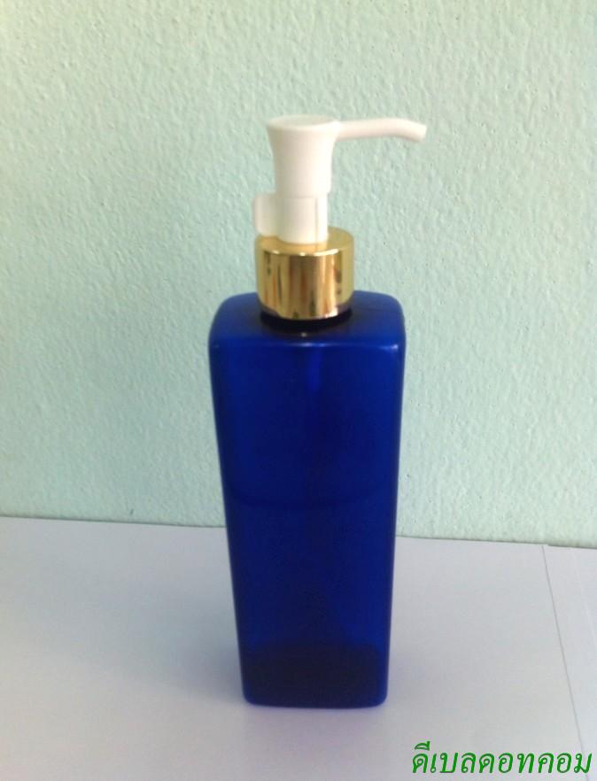 SB-240mlแบน สีน้ำเงิน +ปั้มดีดทรงก๊อกน้ำคอ 24 หัวขาวขอบทองเงา