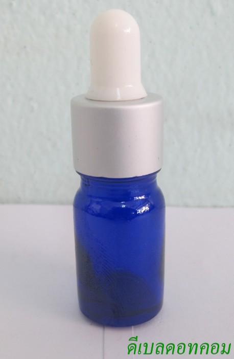 ขวดอโรมาน้ำเงินใส  5 ml +ดรอปเปอร์เงินด้าน+จุกบีบสีขาว