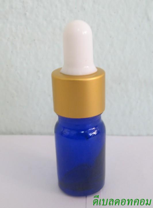 ขวดอโรมาน้ำเงินใส  5 ml +ดรอปเปอร์ทองด้าน+จุกบีบสีขาว