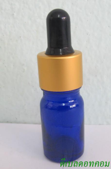 ขวดอโรมาน้ำเงินใส  5 ml +ดรอปเปอร์ทองด้าน+จุกบีบสีดำ