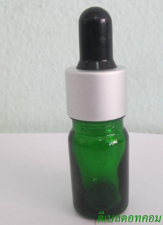 ขวดอโรมาเขียวใส  5 ml + ดรอปเปอร์เงินด้าน+จุกบีบดำ