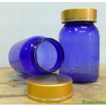 กระปุกยาเม็ดสีน้ำเงิน ฝาทองด้านคาดริ้วเงิน 150 กรัม