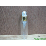ขวดpet-003(100ml)+หัวปั้มดีดสีขาวปากเป็ดขอบทองเงา 24มม.