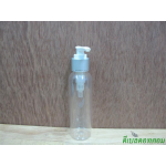 ขวดpet-003(120ml)+หัวปั้มดีดขาวปากเป็ดขอบเงินด้านคาดริ้ว 24มม.