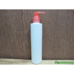 ขวดpet ขาวแป้งทรงกลมกระบอก 200 ml+หัวปั้มดีดสีชมพูโอรส 24มม.