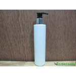 ขวดpet ขาวแป้งทรงกลมกระบอก 200 ml+หัวปั้มดีดดำปากเป็ดเงินเงา 24มม.