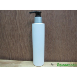 ขวดpet ขาวแป้งทรงกลมกระบอก 200 ml+หัวปั้มดีดดำปากเป็ดเงินด้าน 24มม.