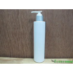 ขวดpet ขาวแป้งทรงกลมกระบอก 200 ml+หัวปั้มดีดขาวปากเป็ดเงินด้านคาดริ้ว 24มม.
