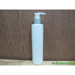 ขวดpet ขาวแป้งทรงกลมกระบอก 200 ml+หัวปั้มดีดใสปากเป็ดเงินด้านคาดริ้ว 24มม.