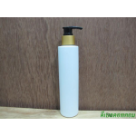 ขวดpet ขาวแป้งทรงกลมกระบอก 200 ml+หัวปั้มดีดดำปากเป็ดทองด้าน 24มม.