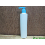 ขวดpet ขาวแป้งทรงกลมกระบอก 200 ml+ปั้มกระโดดพลาสติกสีฟ้า  24มม.