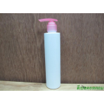 ขวดpet ขาวแป้งทรงกลมกระบอก 200 ml+ปั้มกระโดดพลาสติกสีชมพู  24มม.