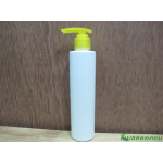ขวดpet ขาวแป้งทรงกลมกระบอก 200 ml+ปั้มกระโดดพลาสติกสีเหลือง  24มม.