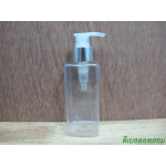 pet เหลี่ยม SB 180 ml. สีใส+หัวปั้มดีดใสปากเป็ดเงินเงา 24มม.