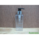 pet เหลี่ยม SB 180 ml. สีใส+หัวปั้มดีดดำปากเป็ดเงินเงา 24มม.