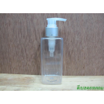 pet เหลี่ยม SB 180 ml. สีใส+หัวปั้มดีดใสปากเป็ดเงินด้านคาดริ้ว 24มม.