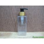 pet เหลี่ยม SB 180 ml. สีใส+หัวปั้มดีดดำปากเป็ดทองด้าน 24มม.
