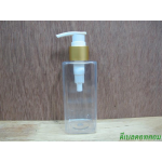 pet เหลี่ยม SB 180 ml. สีใส+หัวปั้มดีดขาวปากเป็ดทองด้าน 24มม.