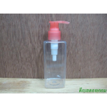 pet เหลี่ยม SB 180 ml. สีใส+หัวปั้มดีดสีชมพูโอรส 24มม.