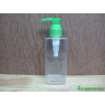 pet เหลี่ยม SB 180 ml. สีใส+หัวปั้มดีดสีเขียวปากเป็ด 24มม.