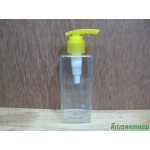 pet เหลี่ยม SB 180 ml. สีใส+ปั้มกระโดดพลาสติกสีเหลือง  24มม.