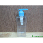 pet เหลี่ยม SB 180 ml. สีใส+ปั้มกระโดดพลาสติกสีฟ้า 24มม.