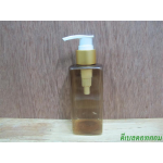 ขวด pet เหลี่ยม SB 180 ml. สีชาทอง+หัวปั้มดีดสีขาวปากเป็ดทองด้าน 24มม.